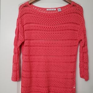 Crochet Pointelle ❤️ Coral Red Sweater Women Size Small or Youth Junior Gir…